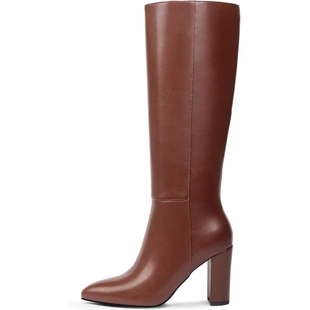 Women's Brown Classic Chunky Heel Pointed Toe High Heel Side Zipper Tall Boots